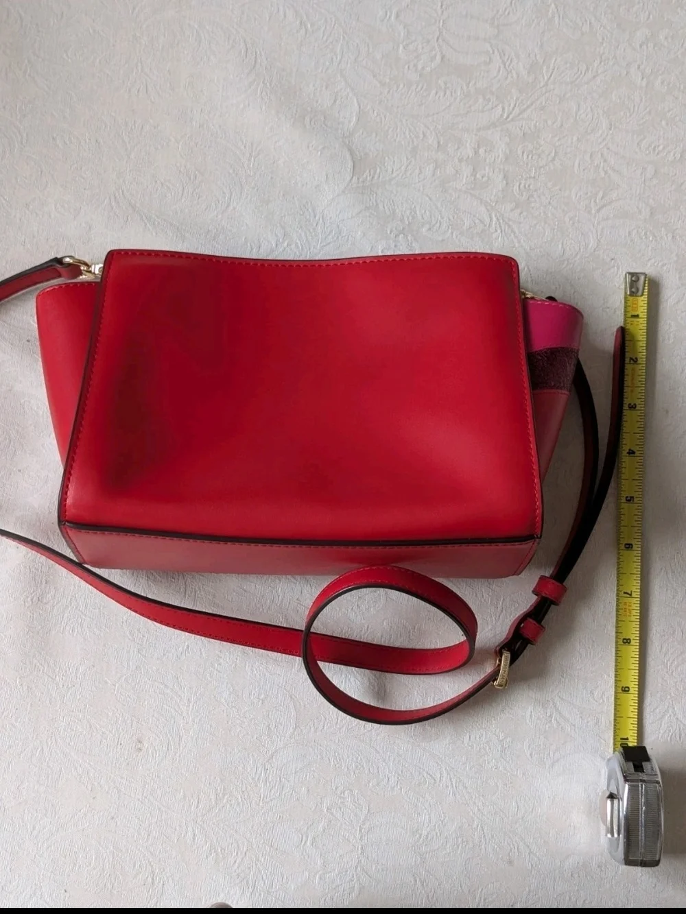 Michael Kors Red Shoulder Bag Star Studded Metallic Crystal Zip Gold Hardware